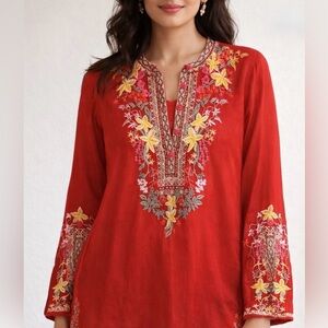 Johnny Was Bethanie Embroidered Red Women's Tunic Top, Size Small, NWOT